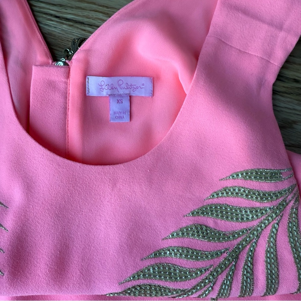 Lilly Pulitzer Coral Pink Gold Palm Leaf Shift Dress- Size XS - Picture 6 of 7